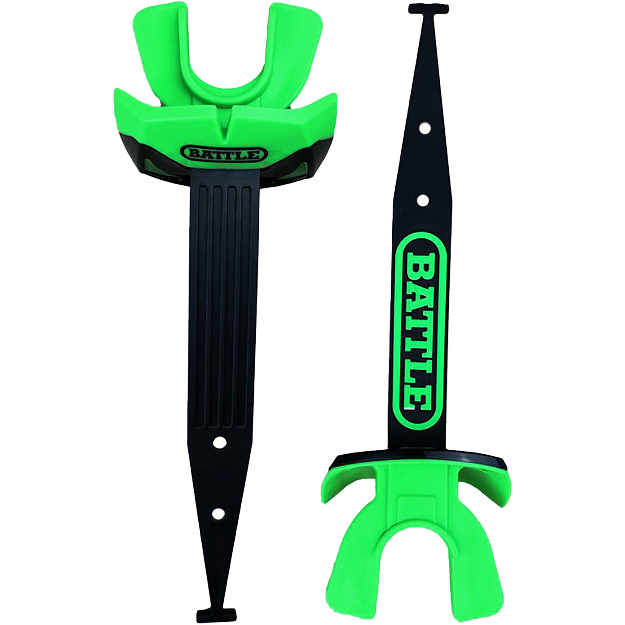 Two green and black football mouthguard with 'BATTLE' branding on a white background