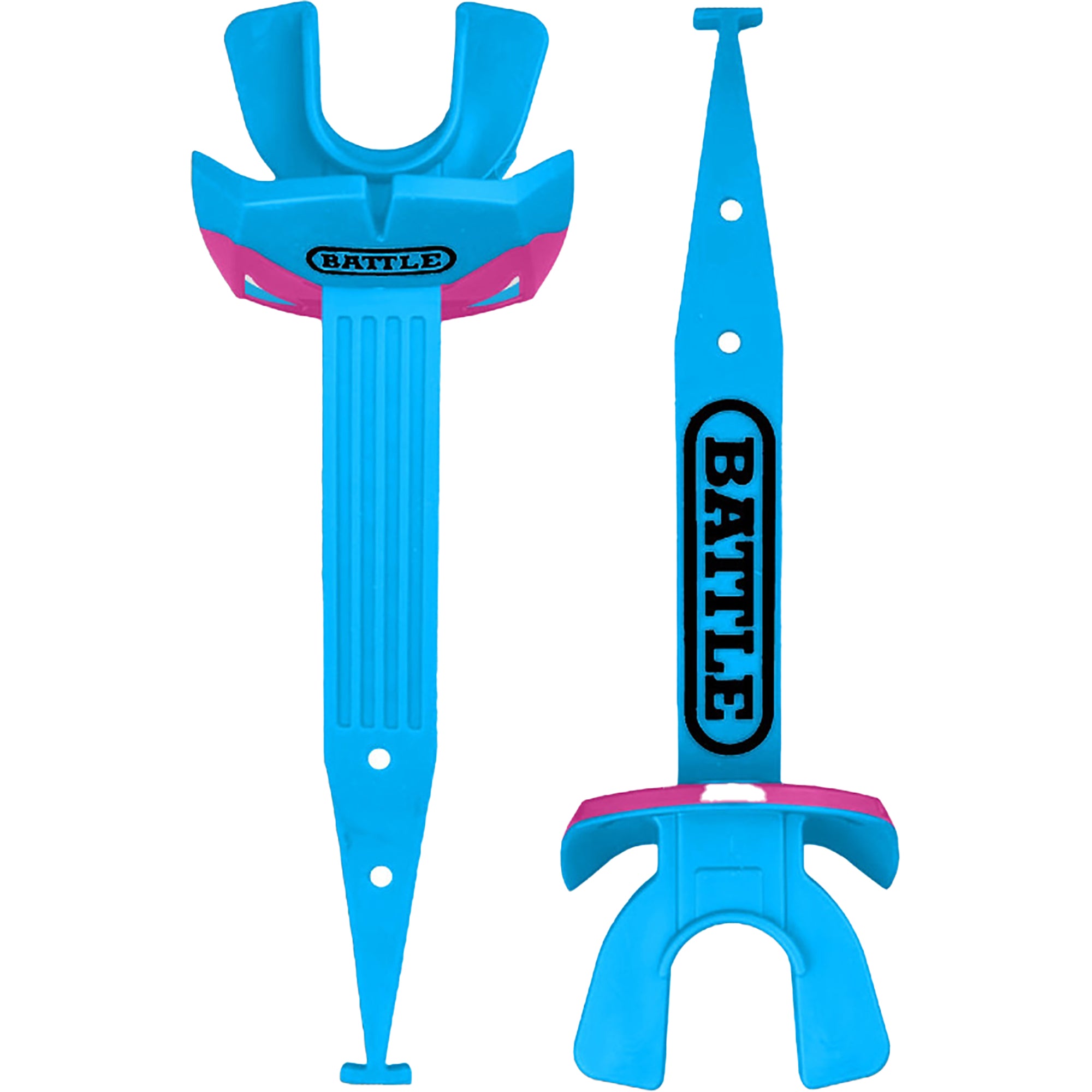 Two blue football mouthguard with 'Battle' branding on a white background