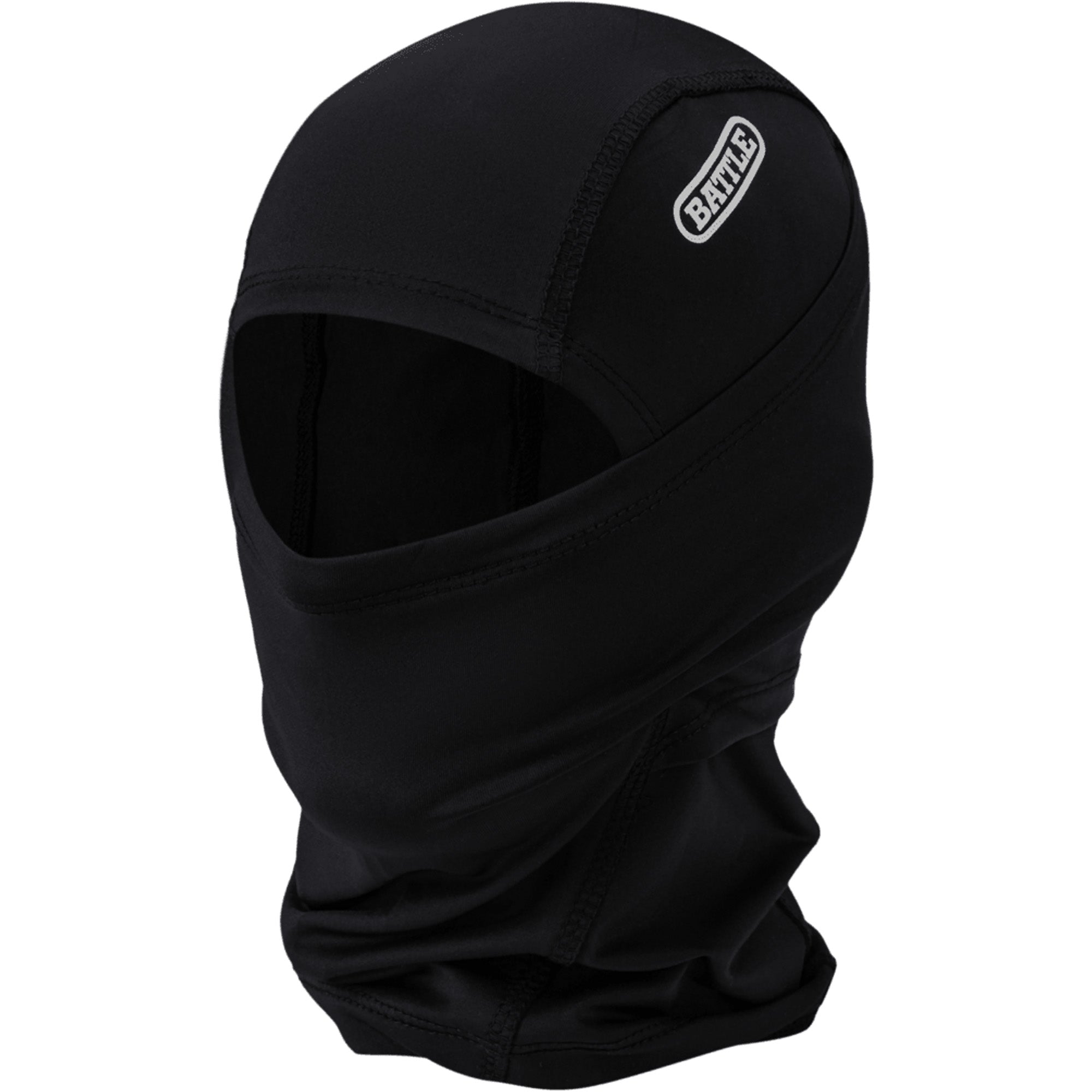Black balaclava performance mask with a brand logo on a white background