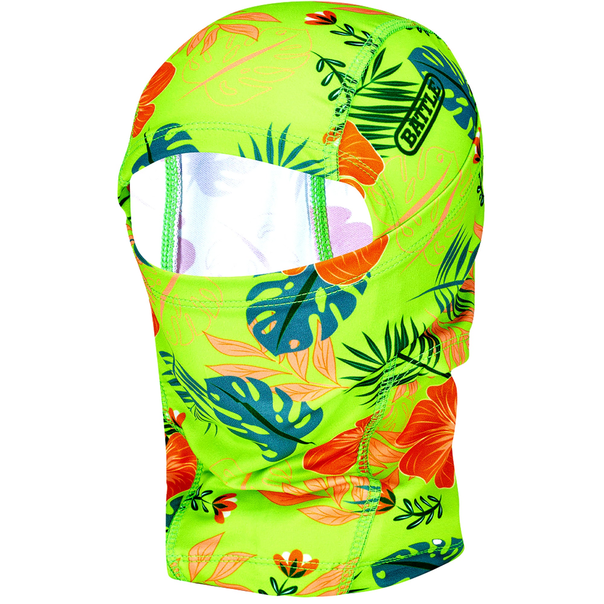 Neon green balaclava performance mask with tropical leaf pattern on a white background