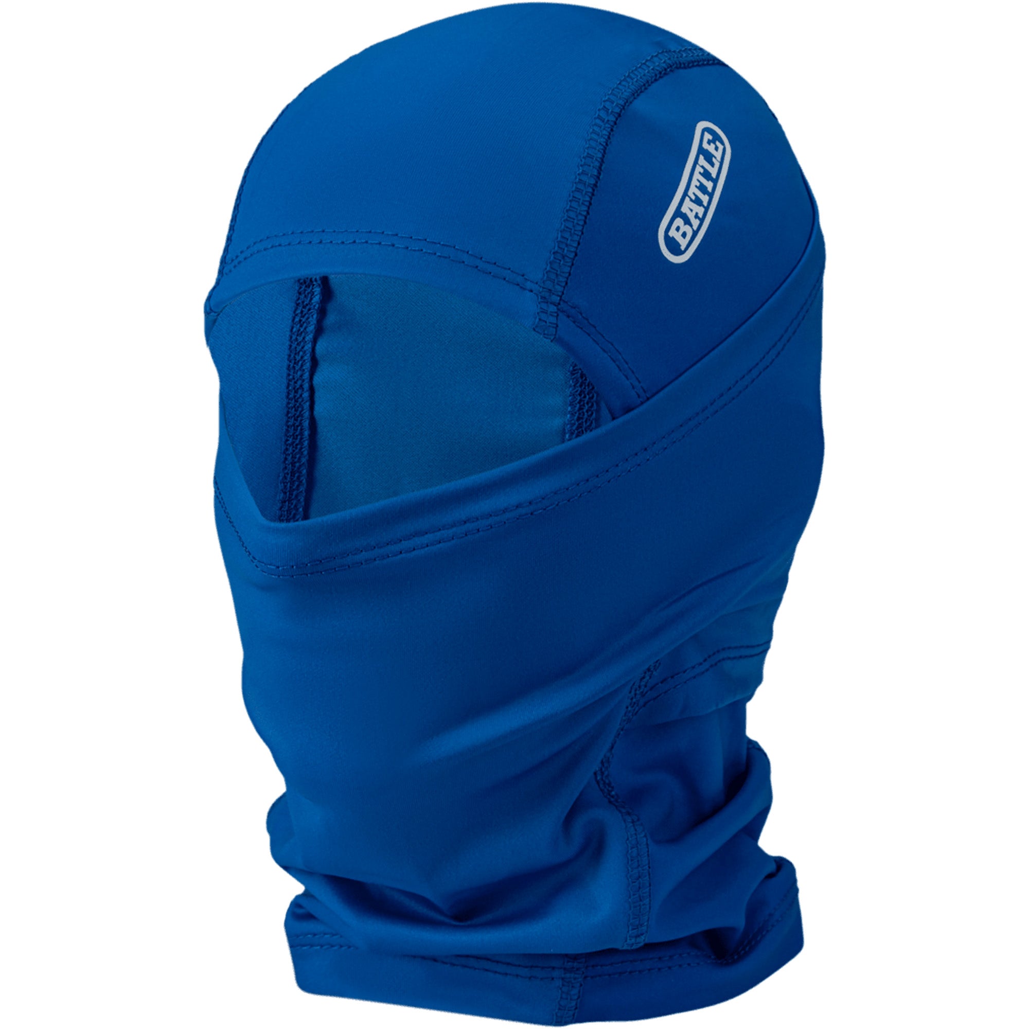 Blue balaclava performance mask with a brand logo on a white background