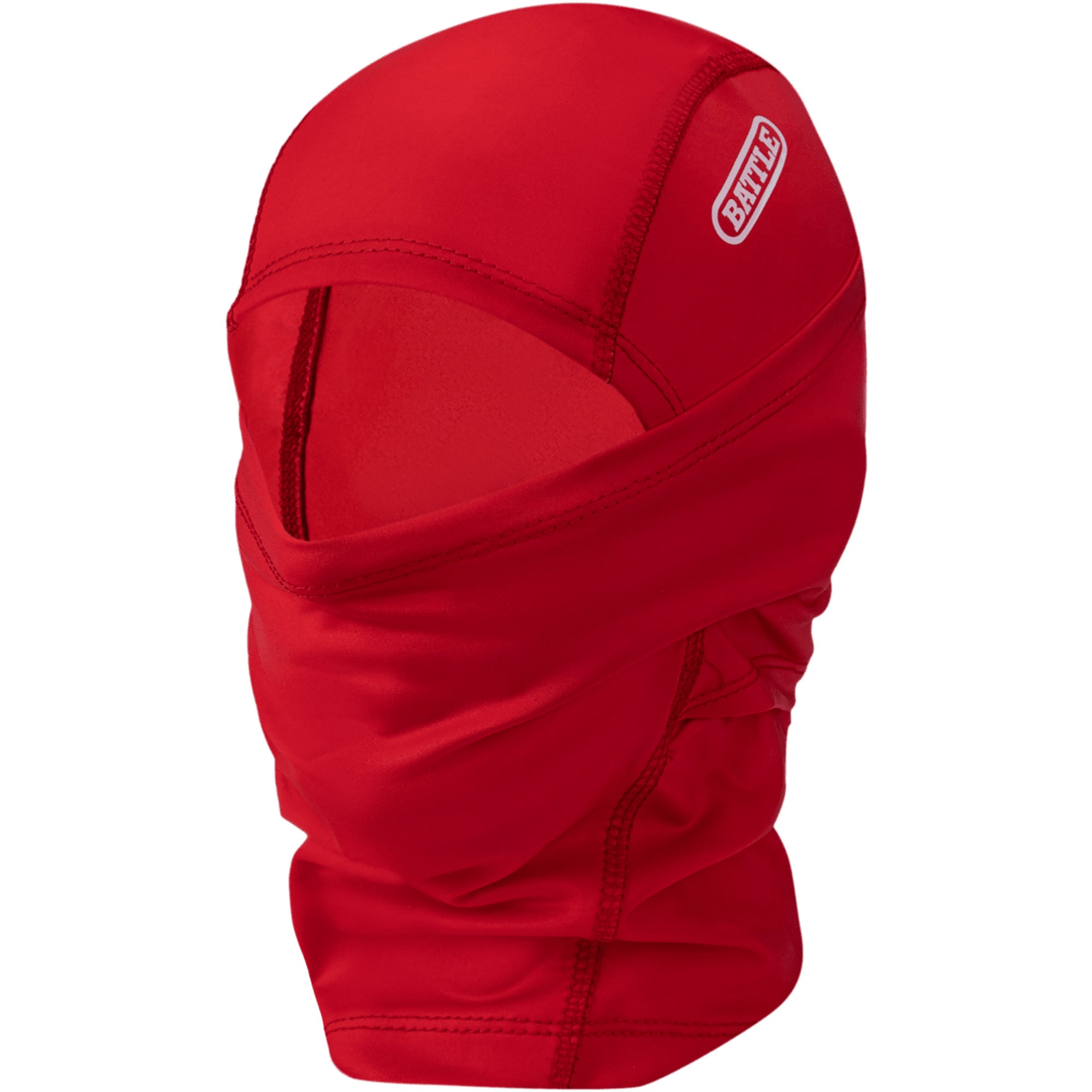 Red balaclava performance mask with a brand logo on a white background