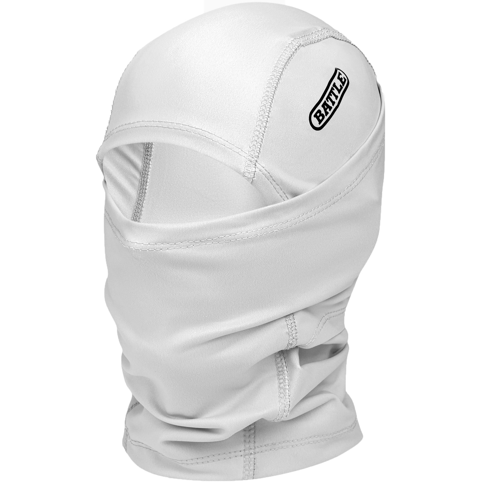 White balaclava performance mask with a brand logo on a white background