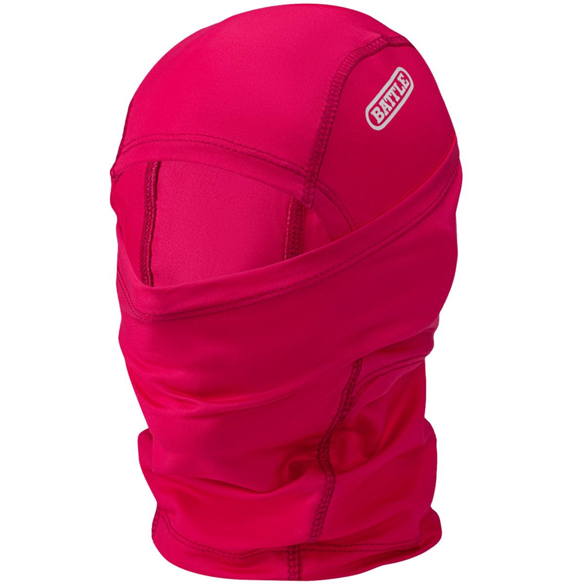 Red balaclava performance mask with a brand logo on a white background