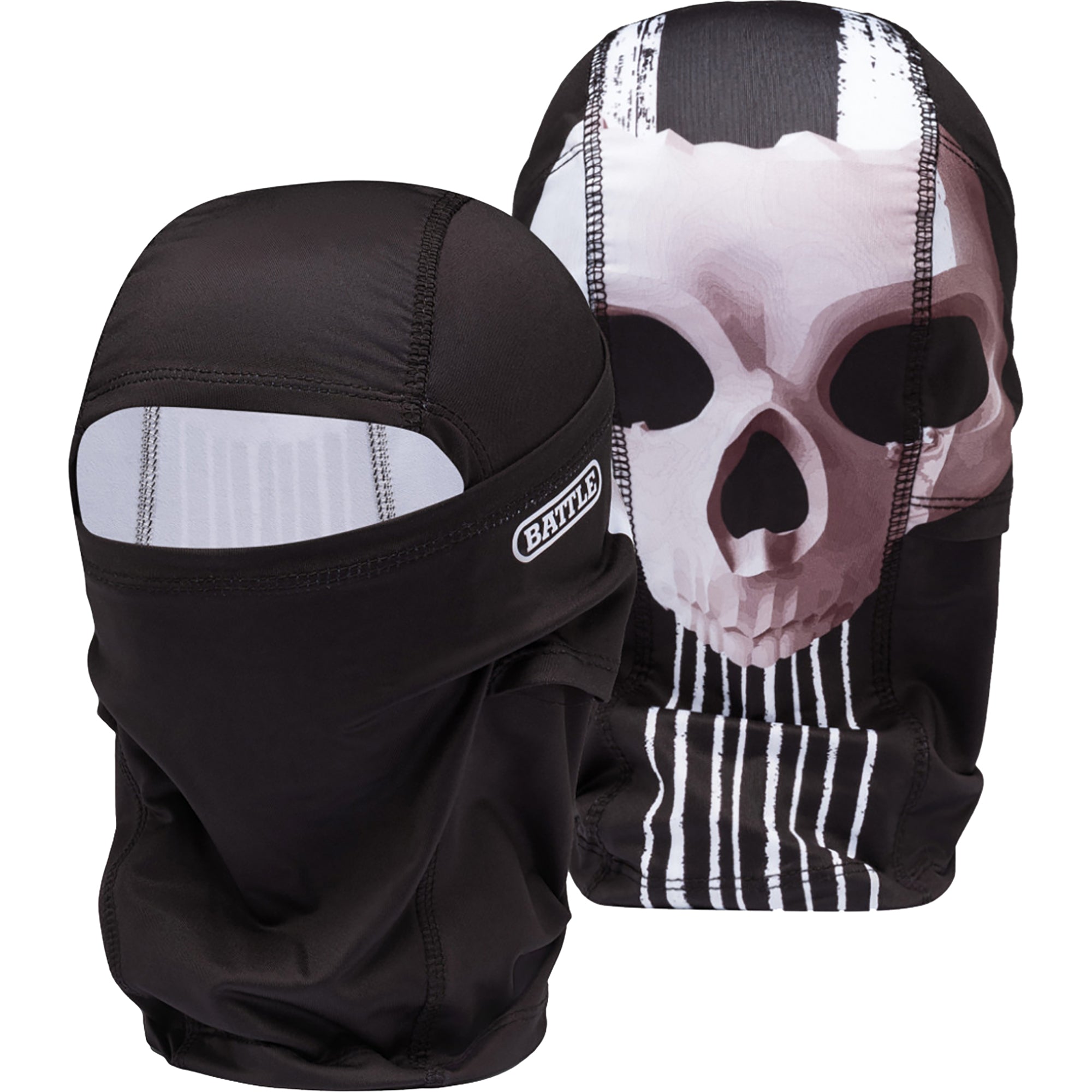 Black balaclava performance mask with skull design and visible brand logo on a white background