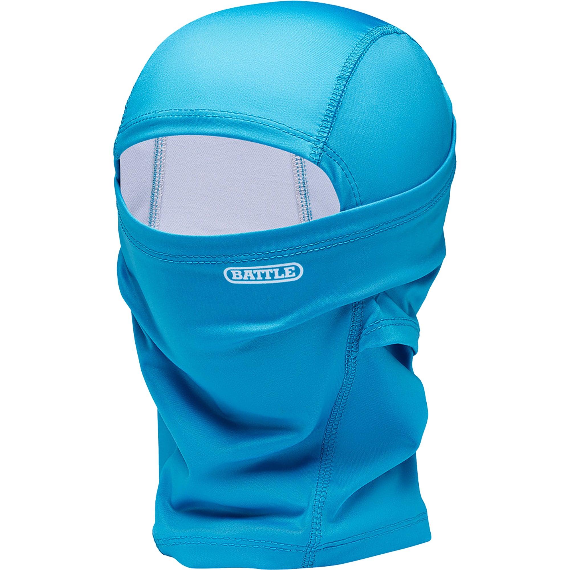 Blue balaclava performance mask with 'Battle' logo on a white background
