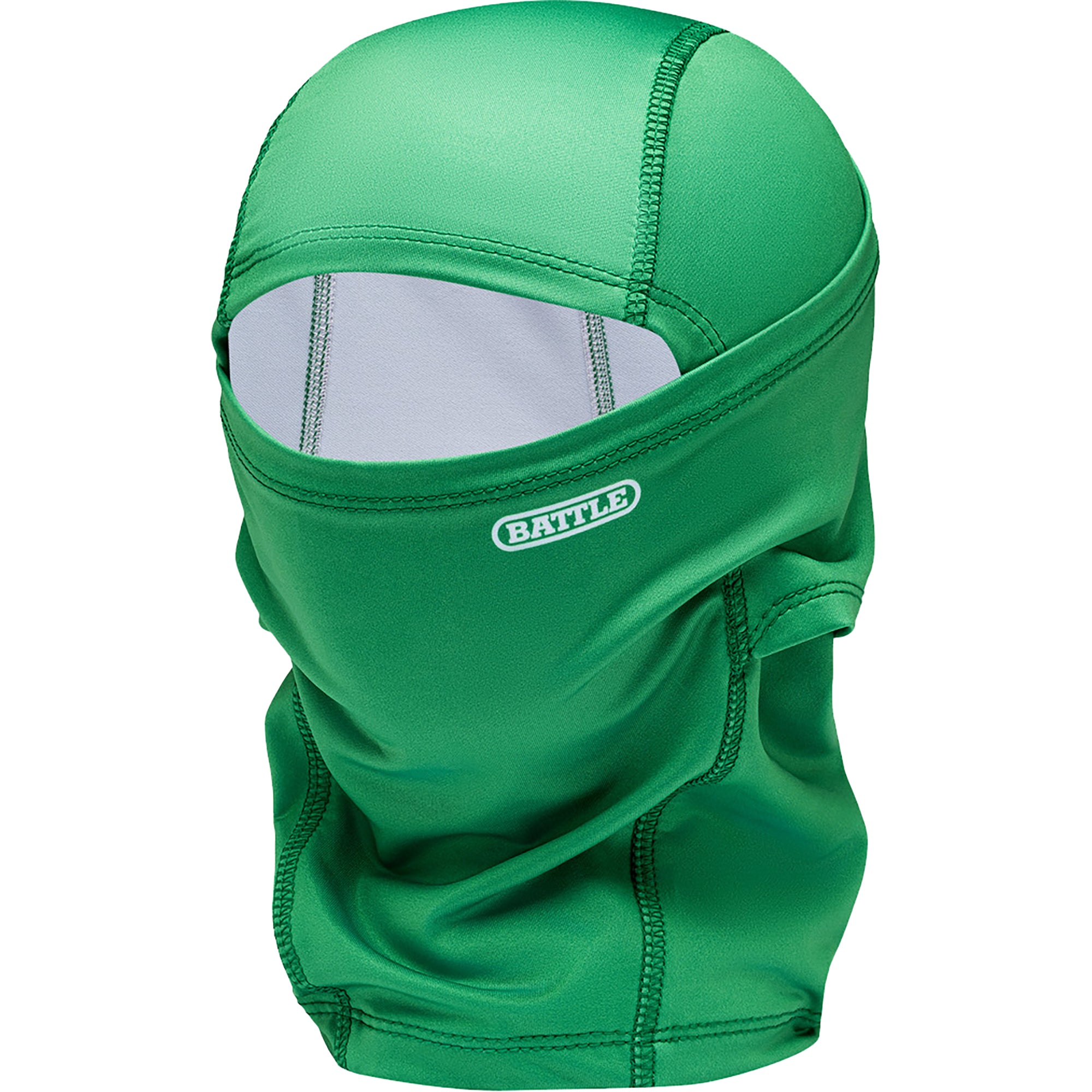 Green balaclava performance mask with 'Battle' logo on a white background