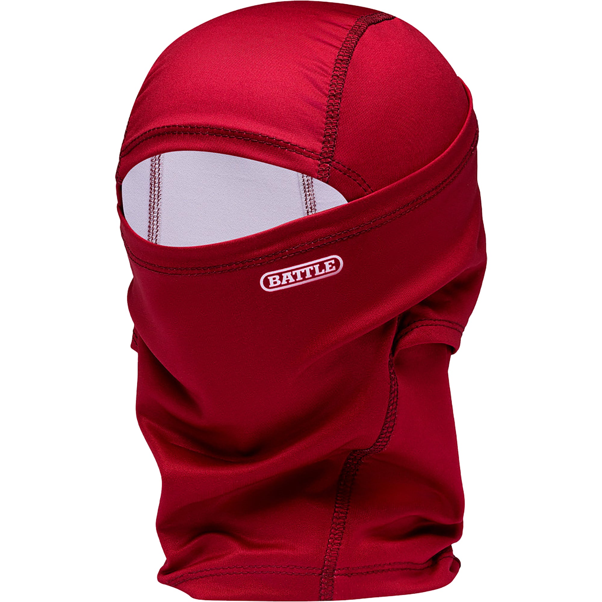 Red balaclava performance mask with 'BATTLE' logo on a white background