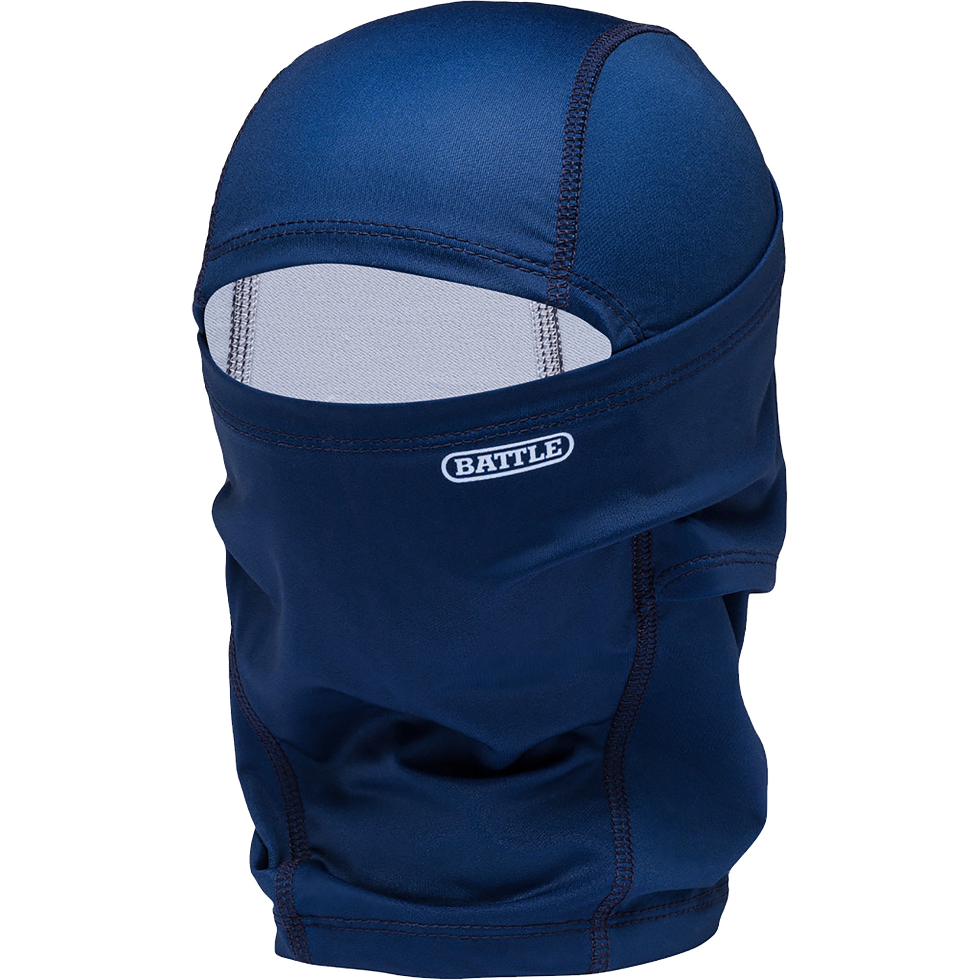 Blue balaclava performance mask with 'Battle' logo on a white background