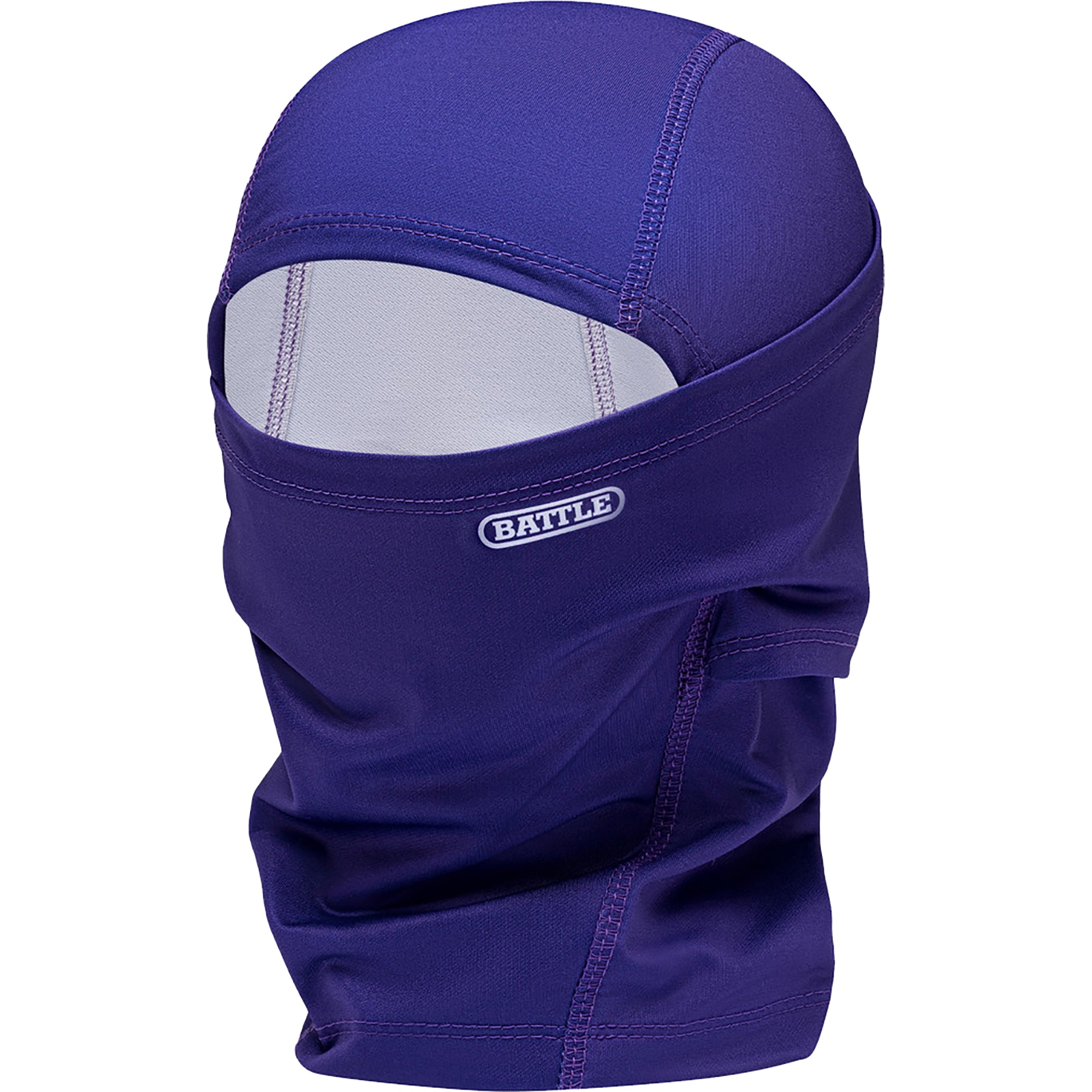 Purple balaclava performance mask with a visible brand logo on a white background