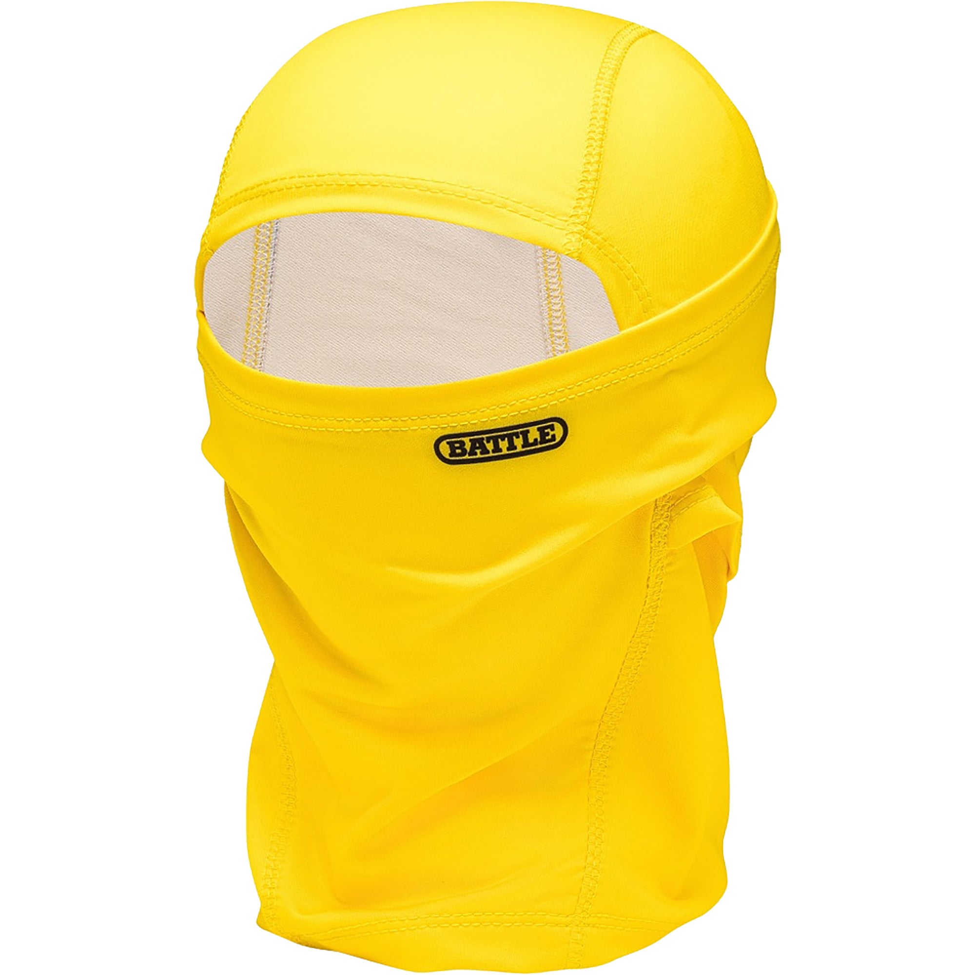 Yellow balaclava performance mask with 'Battle' logo on a white background