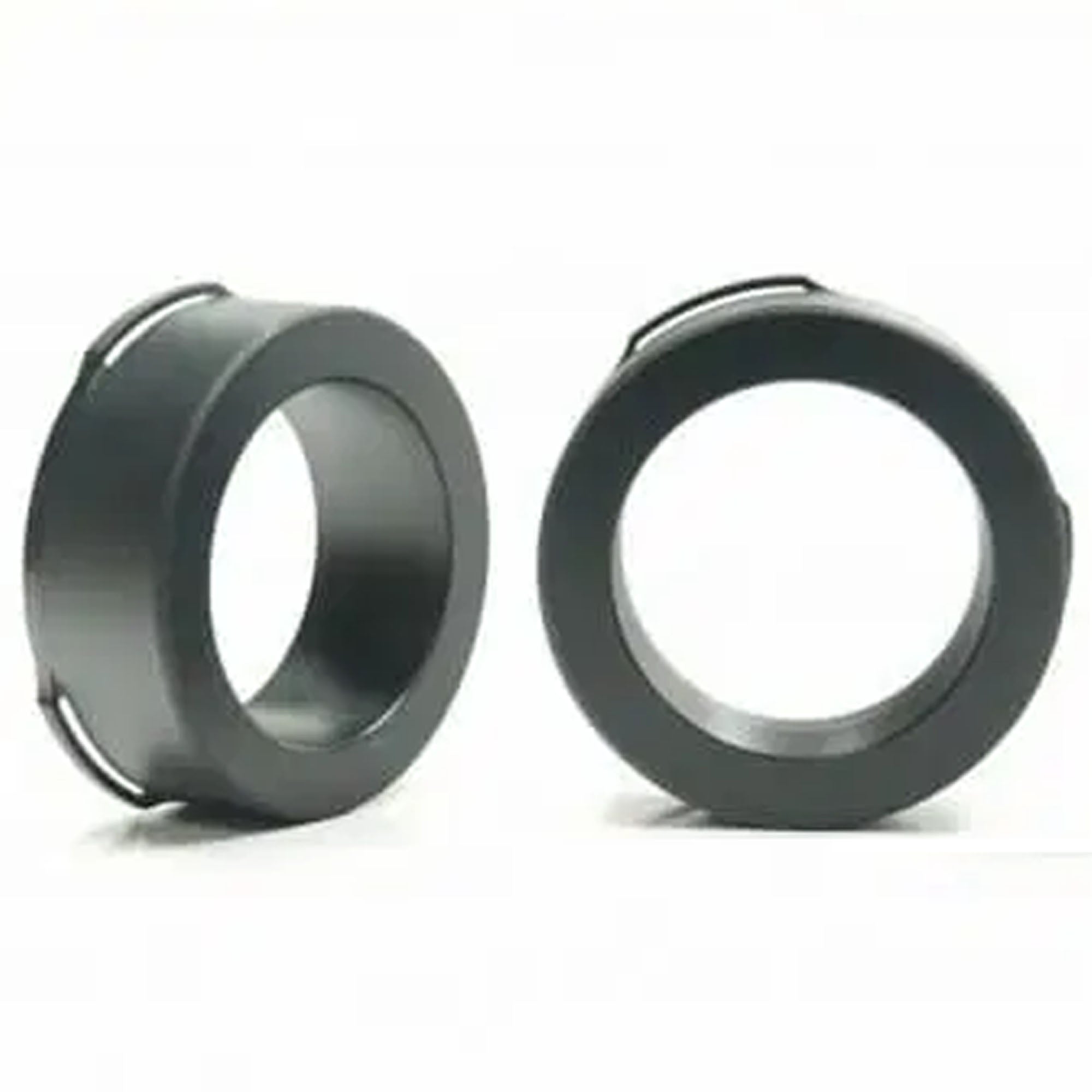 Two black circular metal rings on a white background