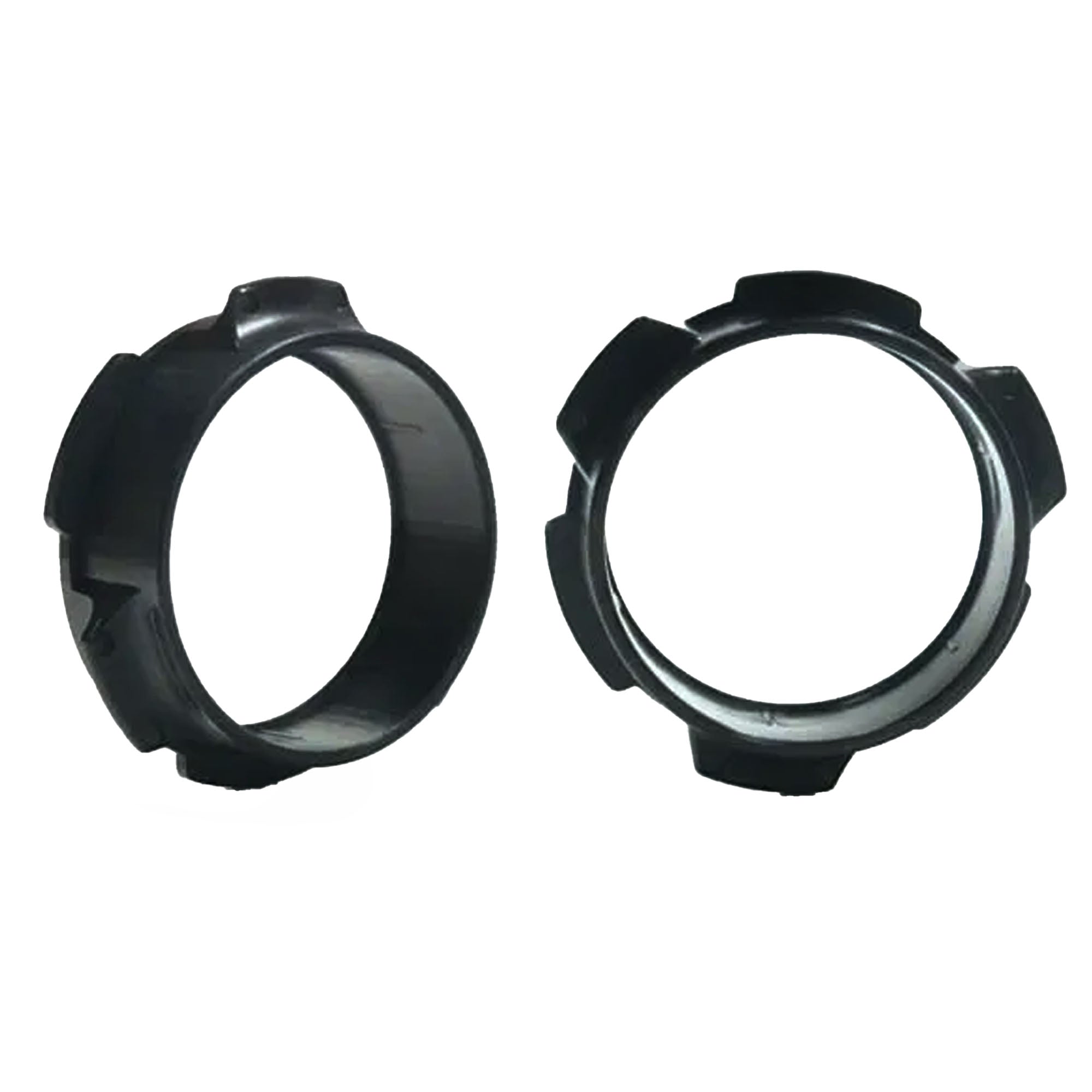 Two black plastic rings on a white background