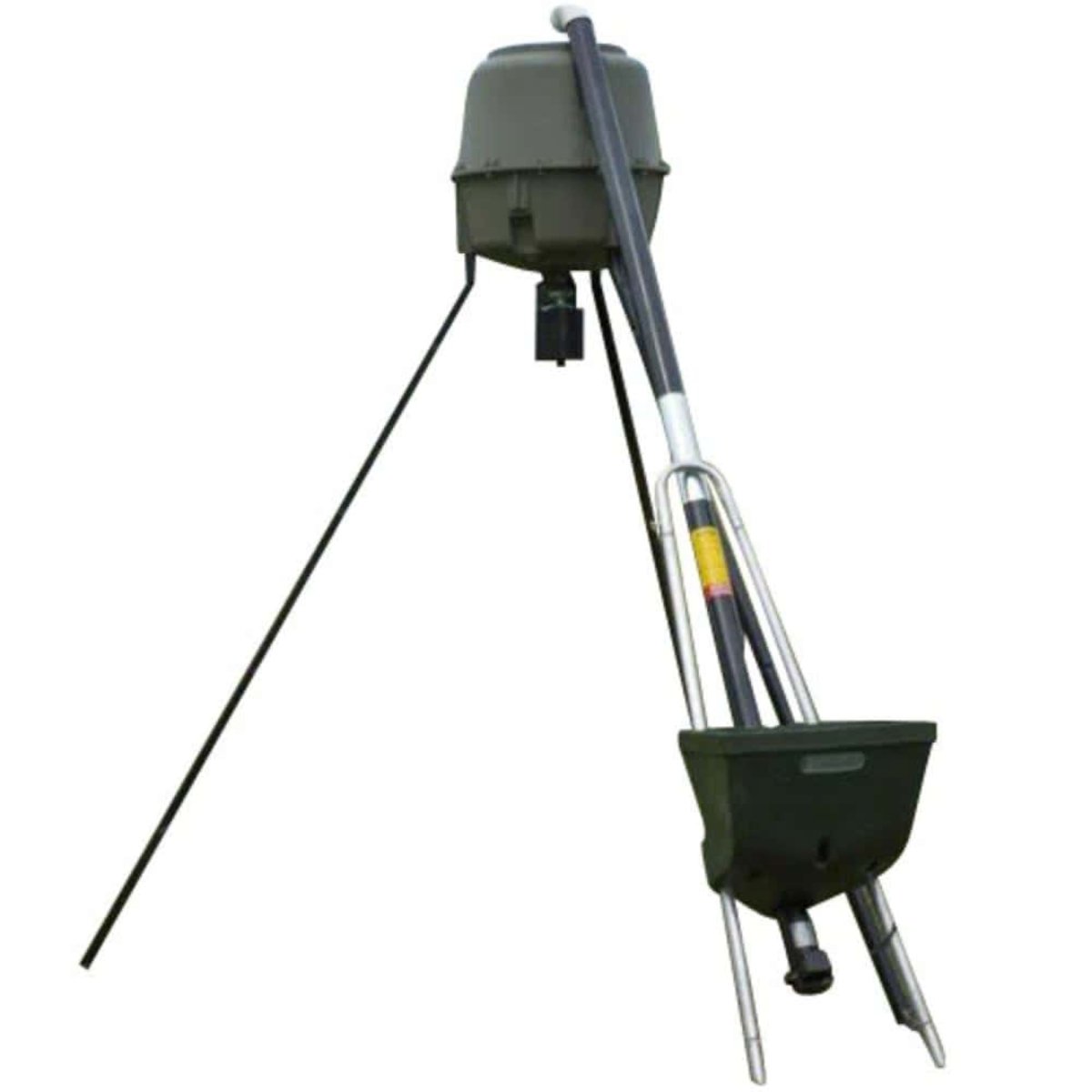 Tripod-mounted deer feeder filler on a white background