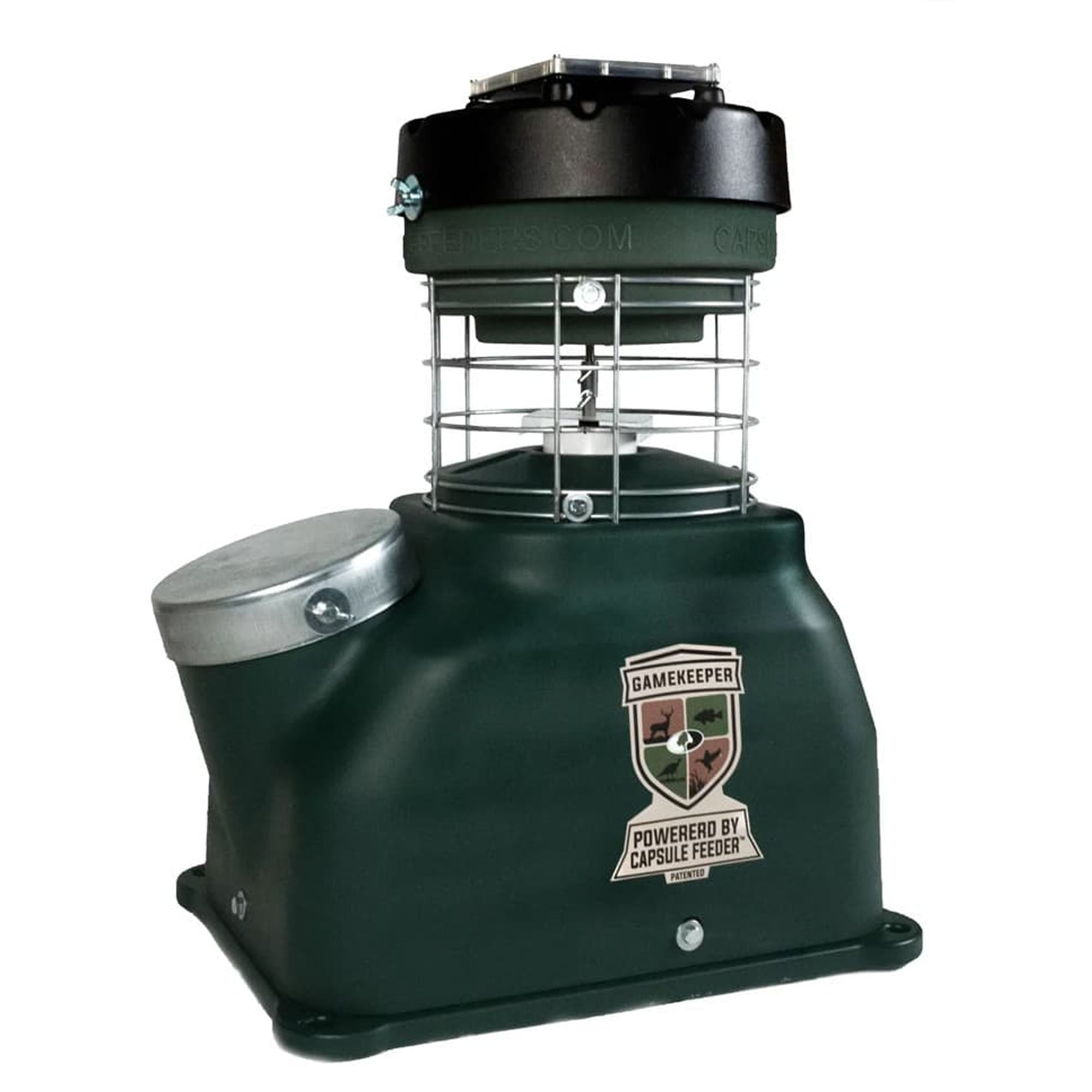 Green game feeder with a logo on a white background
