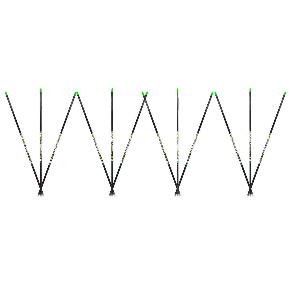 Set of six archery d-stroyer piledrive arrows with green nocks on a white background