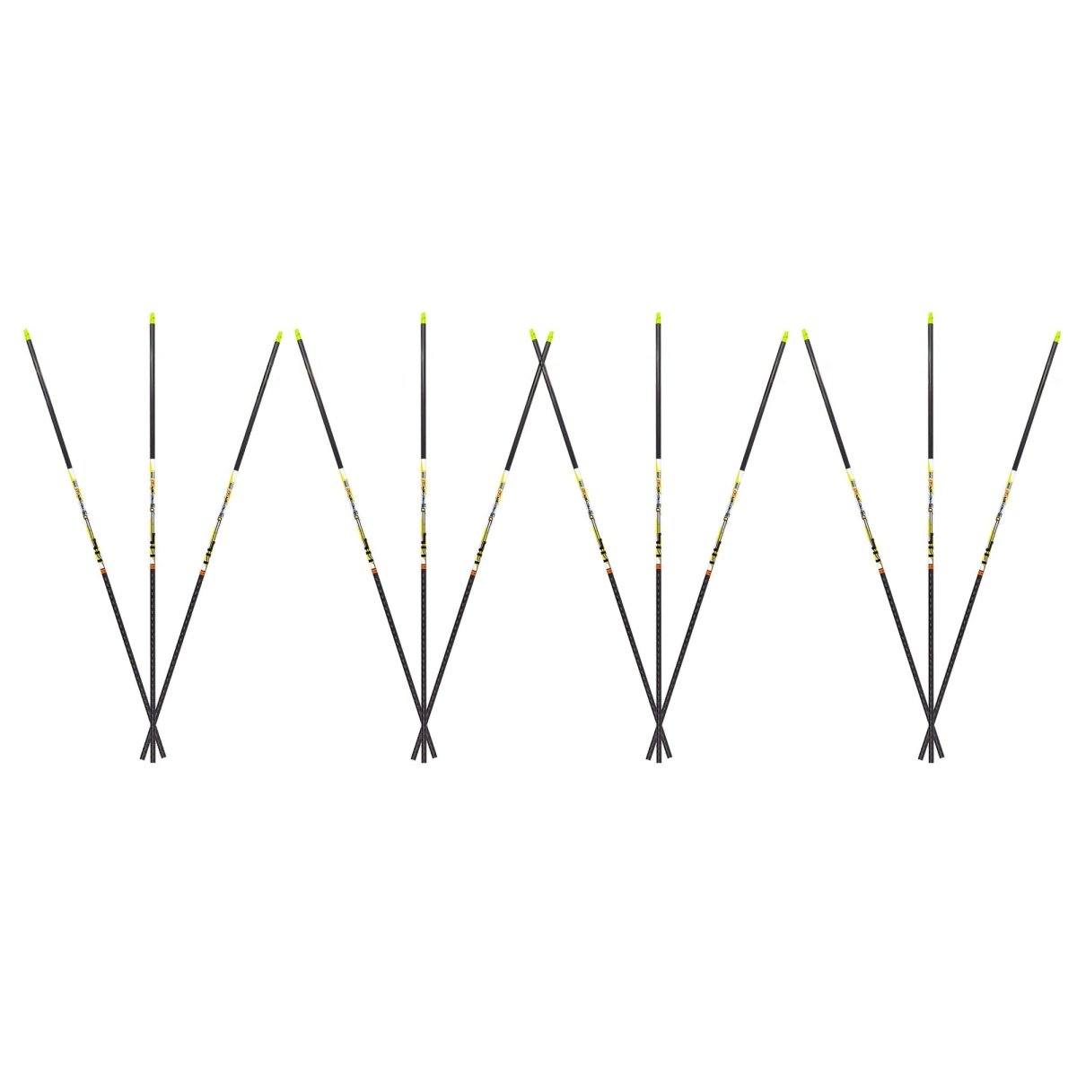 Set of black fishing d-stroyer small diameter arrows with yellow tips on a white background