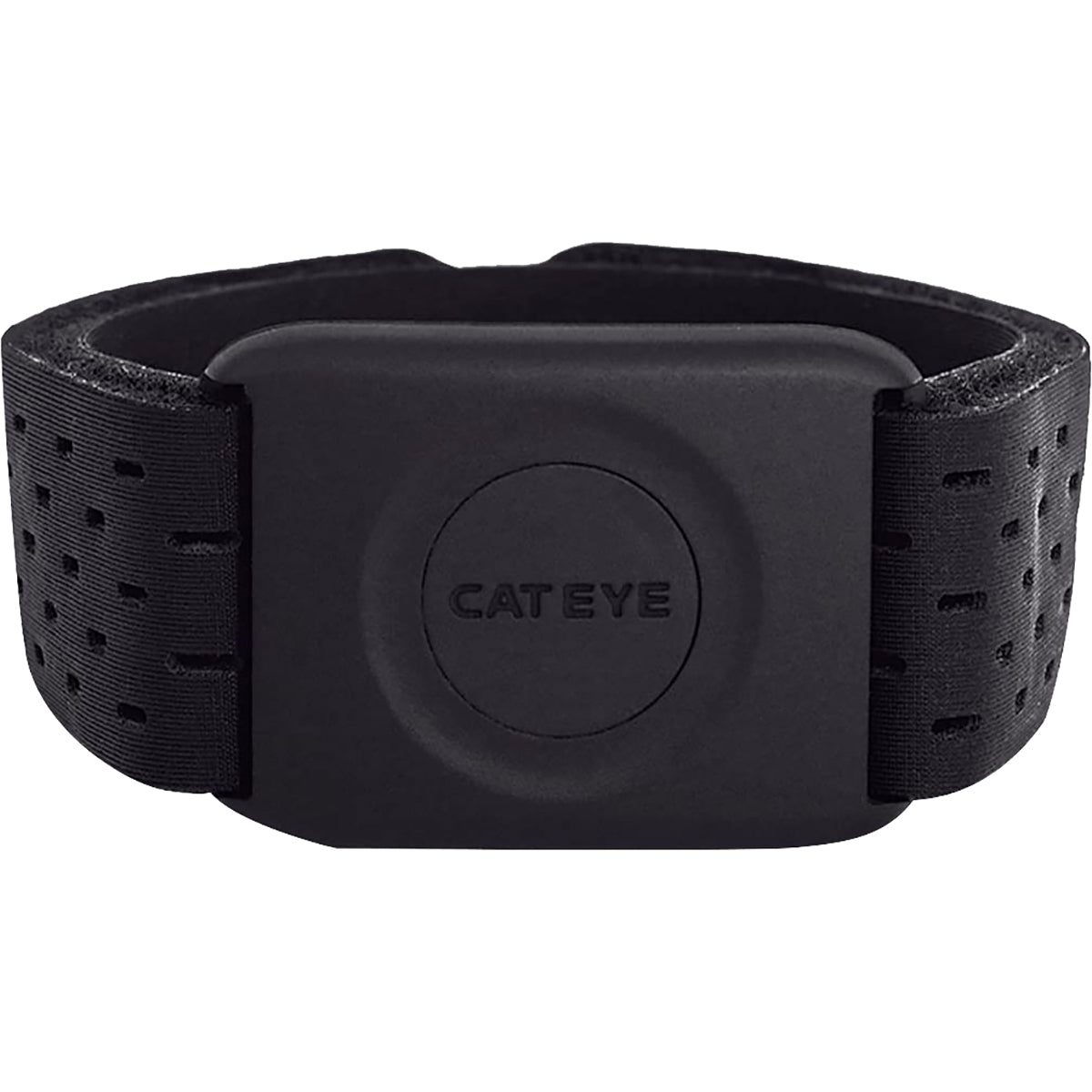 A black CatEye optical heart rate sensor bracelet with perforations and a central display module.