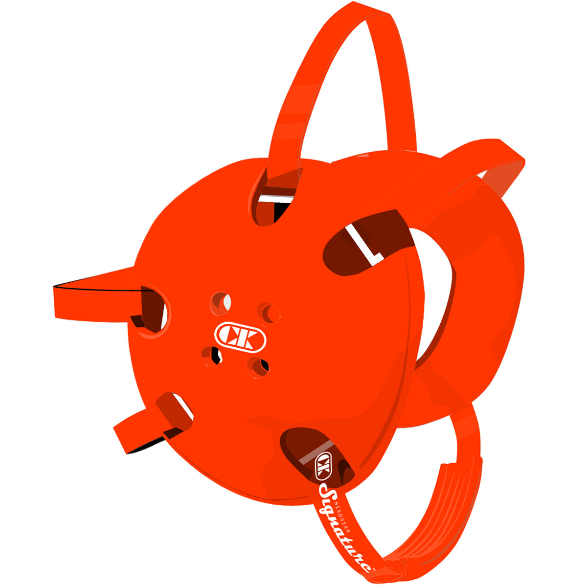 Orange safety helmet with chin strap on a white background