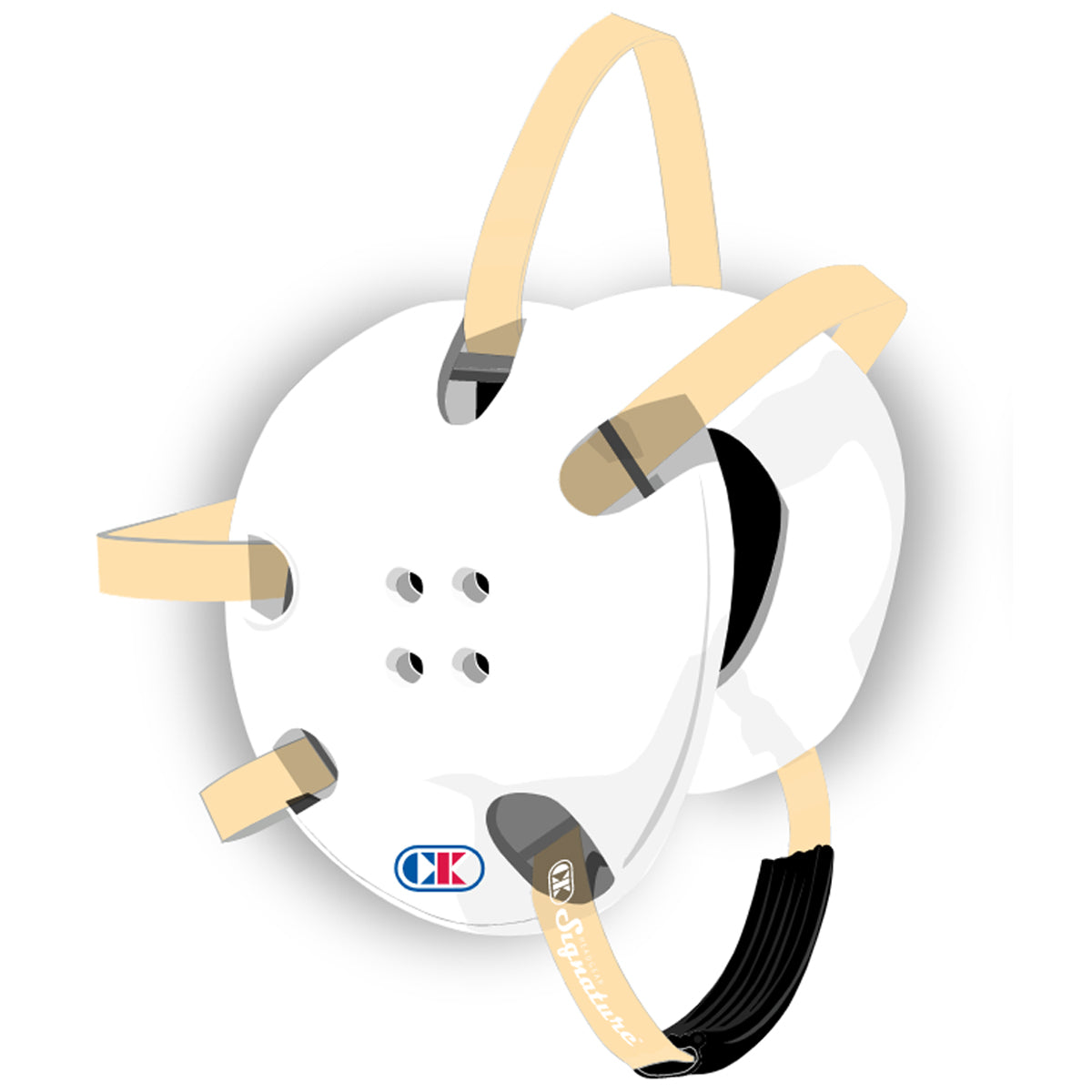 White archery bow with gold and black components on a white background