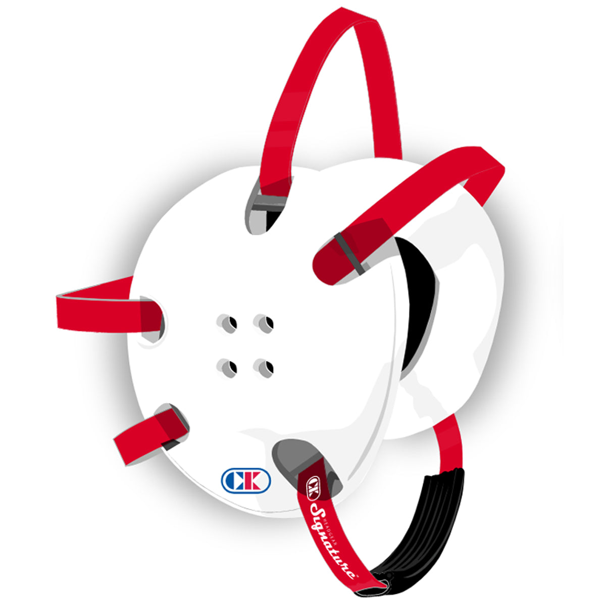 White ski boot with red straps on a white background