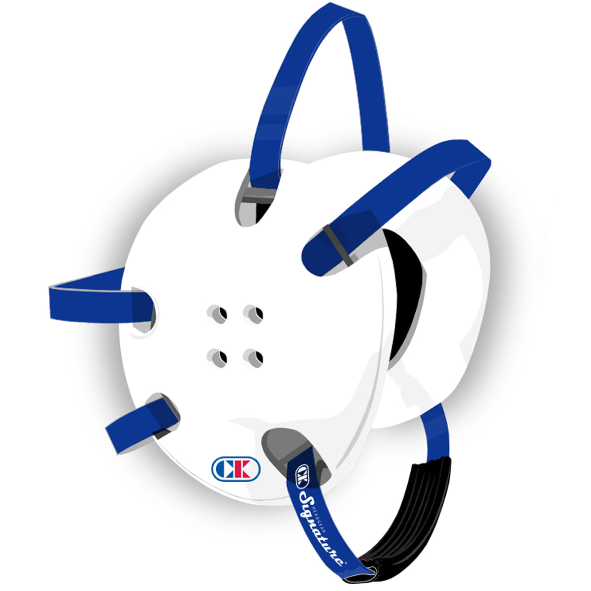 White protective helmet with blue straps on a white background