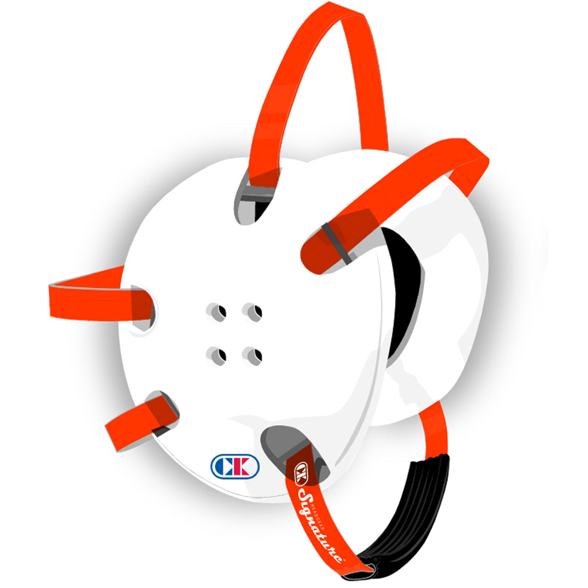 White helmet with orange straps on a white background
