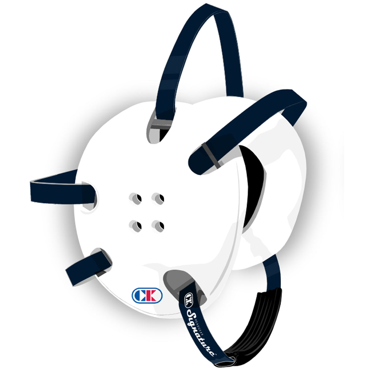 White football helmet with blue straps on a white background