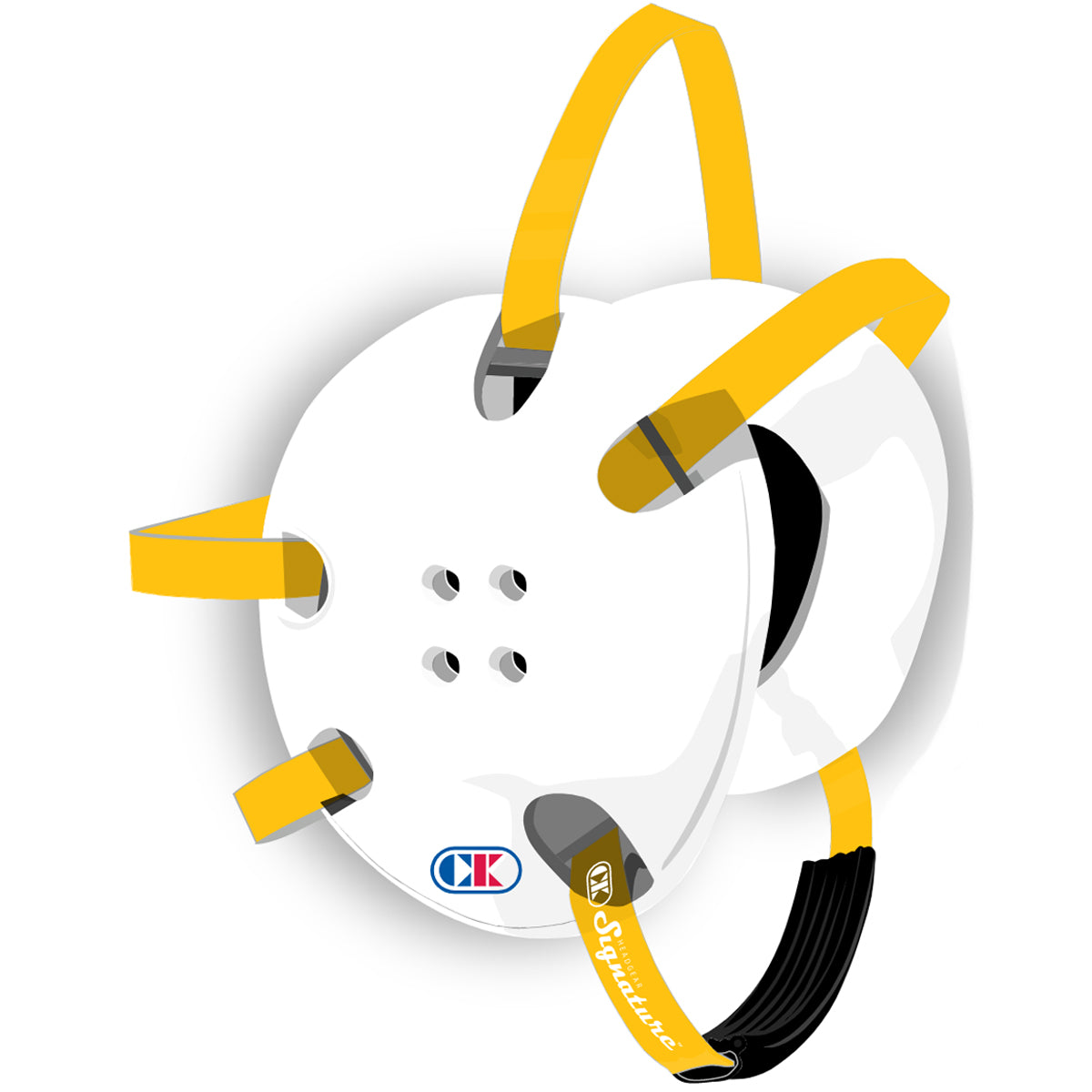 White and yellow reel with a logo on a white background