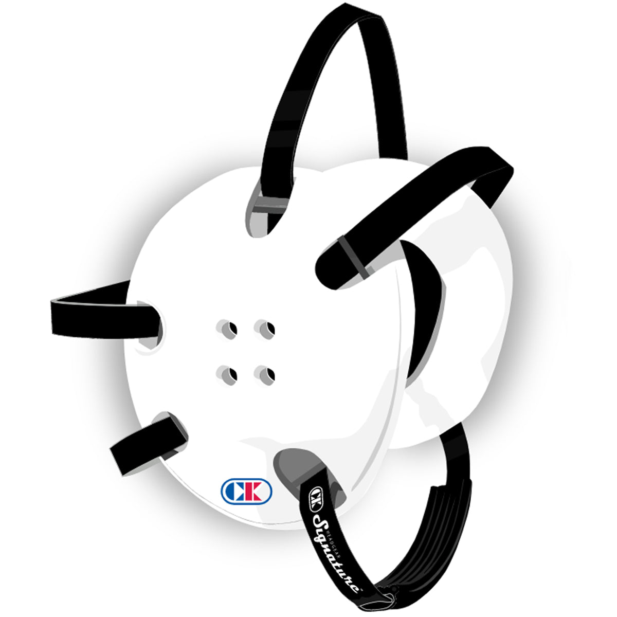 White protective gear with black straps and HK logo on a white background