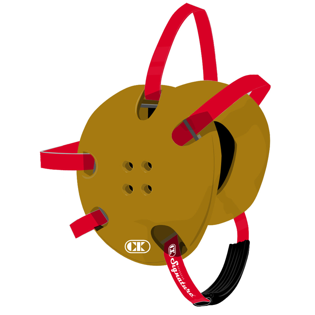Brown climbing ascender with red straps on a white background
