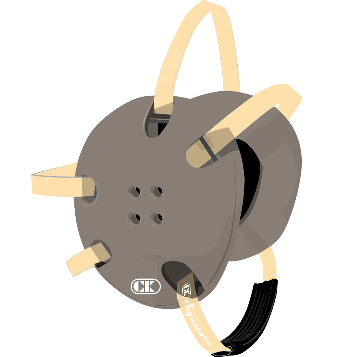 Gray electrical plug with beige and black cables on a white background