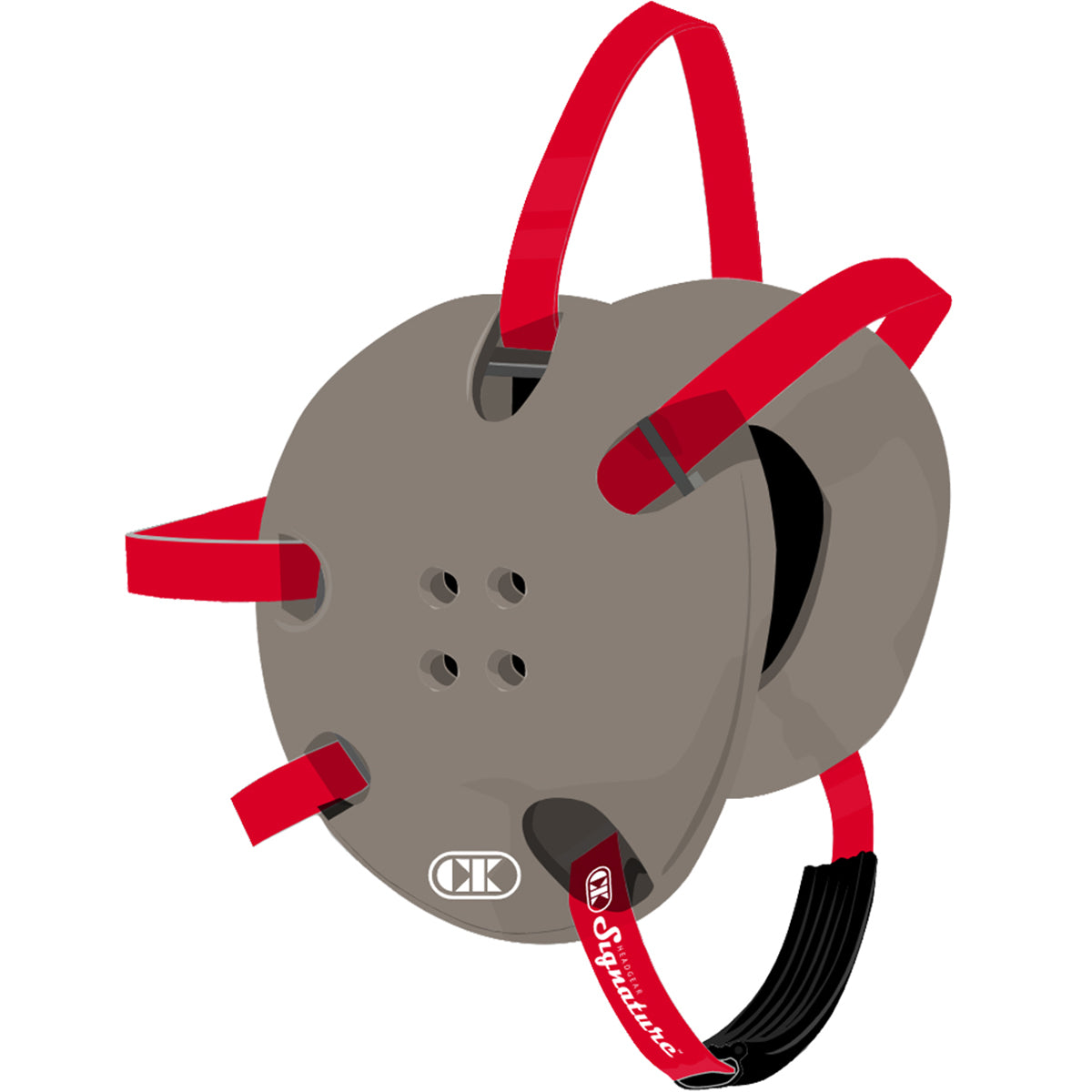 Gray protective gear with red straps on a white background