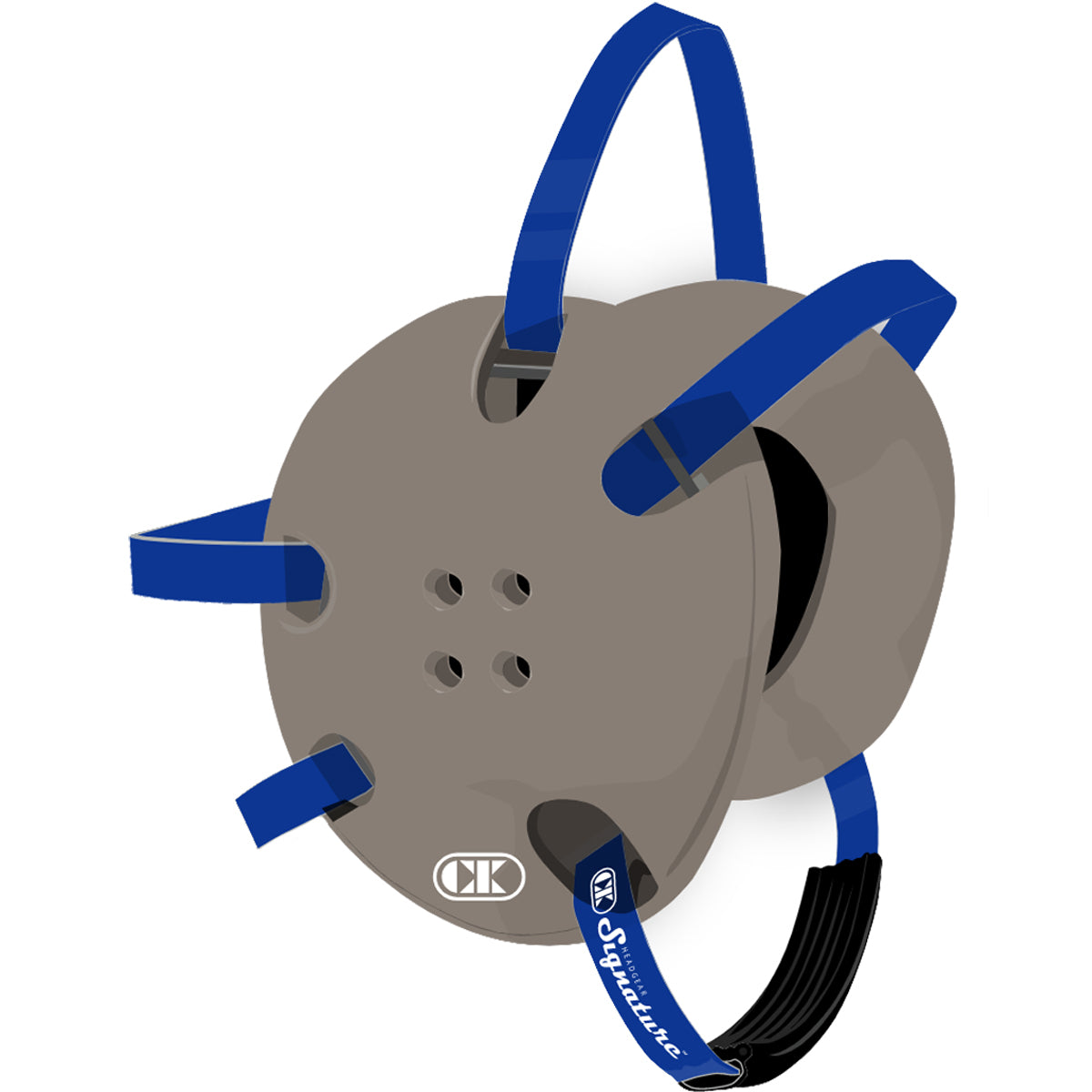 Gray protective mask with blue straps on a white background