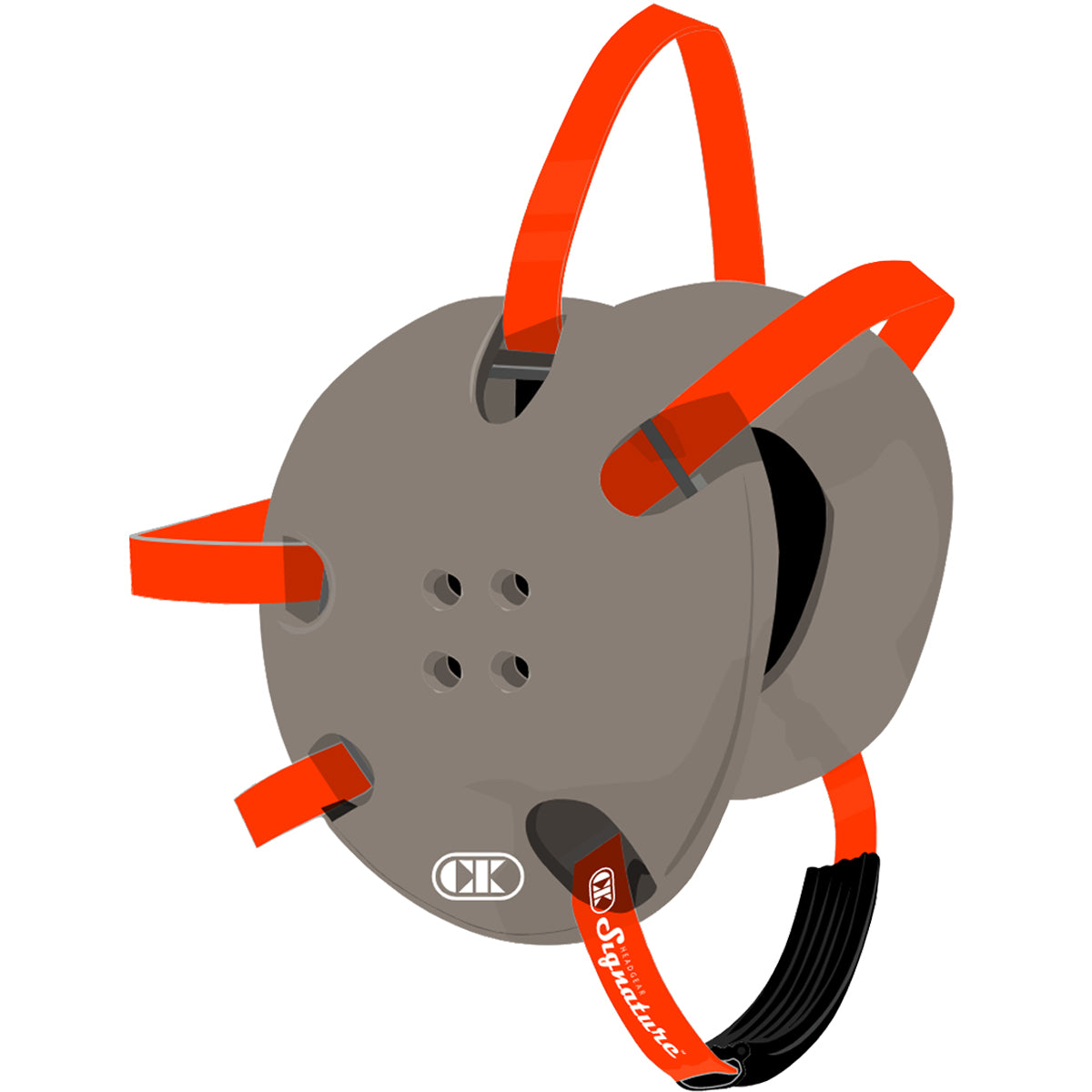 Gray helmet with orange straps on a white background