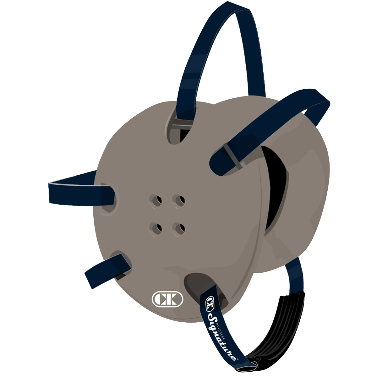 Gray football helmet with blue straps on a white background