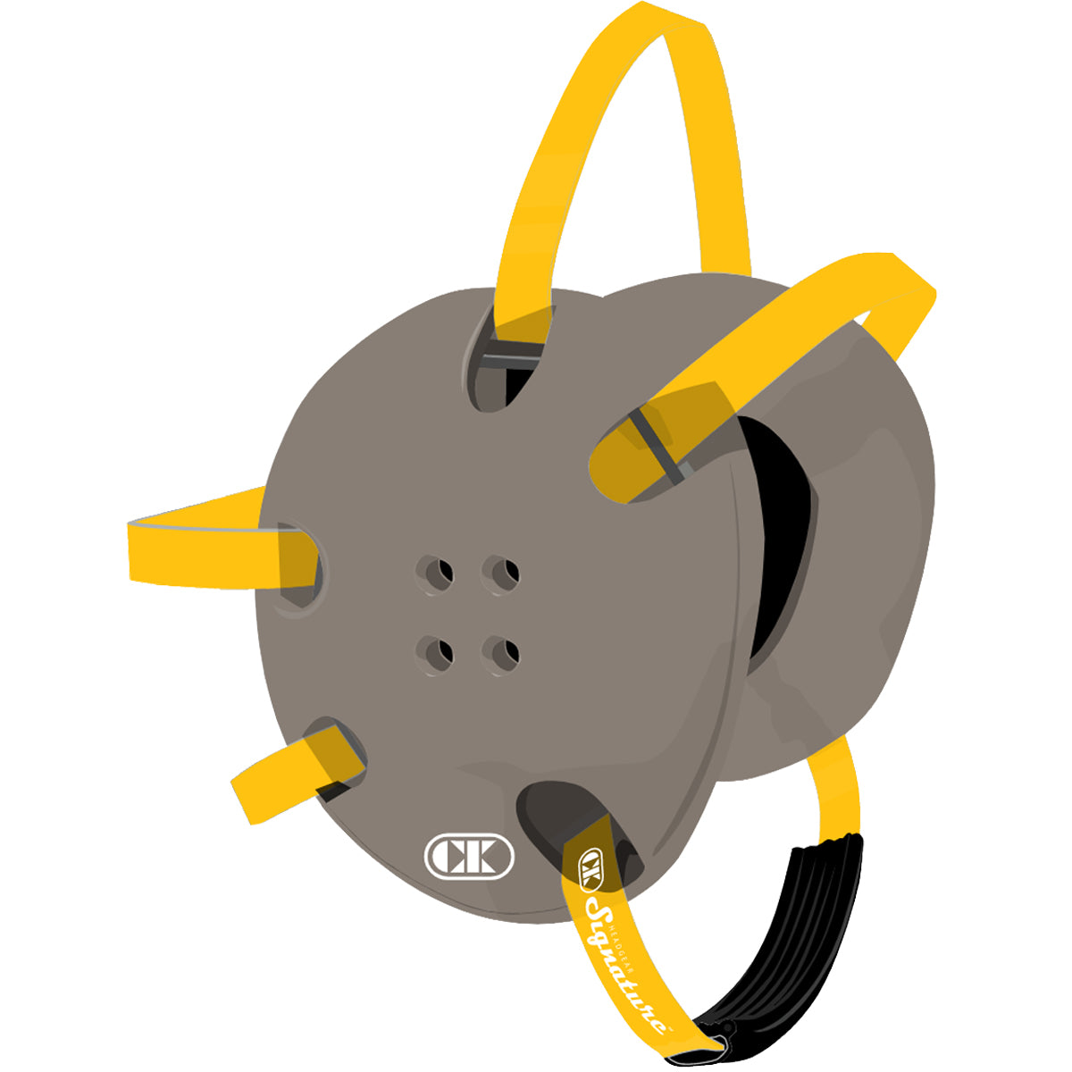 Gray reel with yellow handles and black cable on a white background