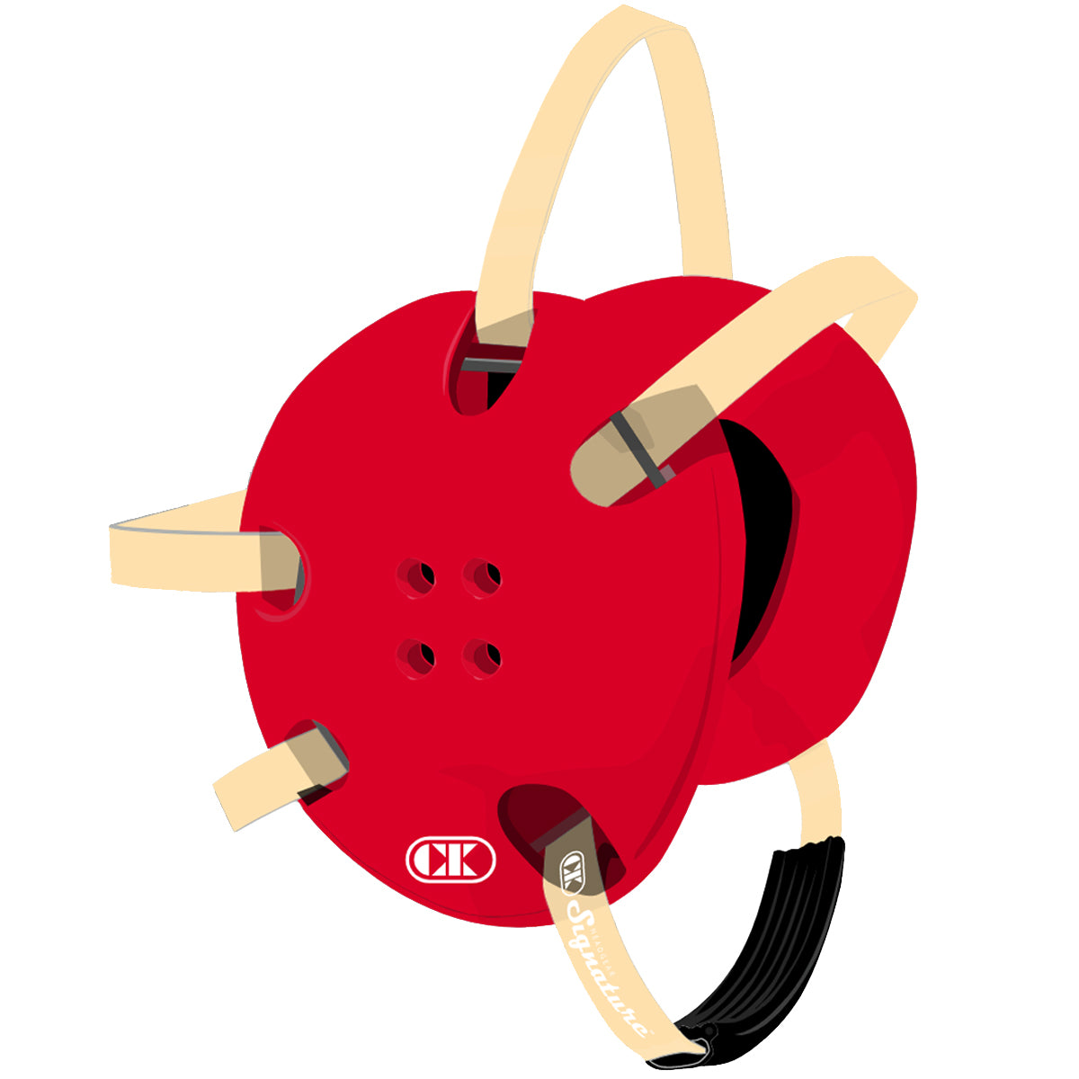 Red reel with beige handles and black cable on a white background