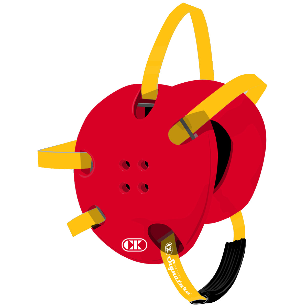 Red climbing ascender with yellow straps on a white background