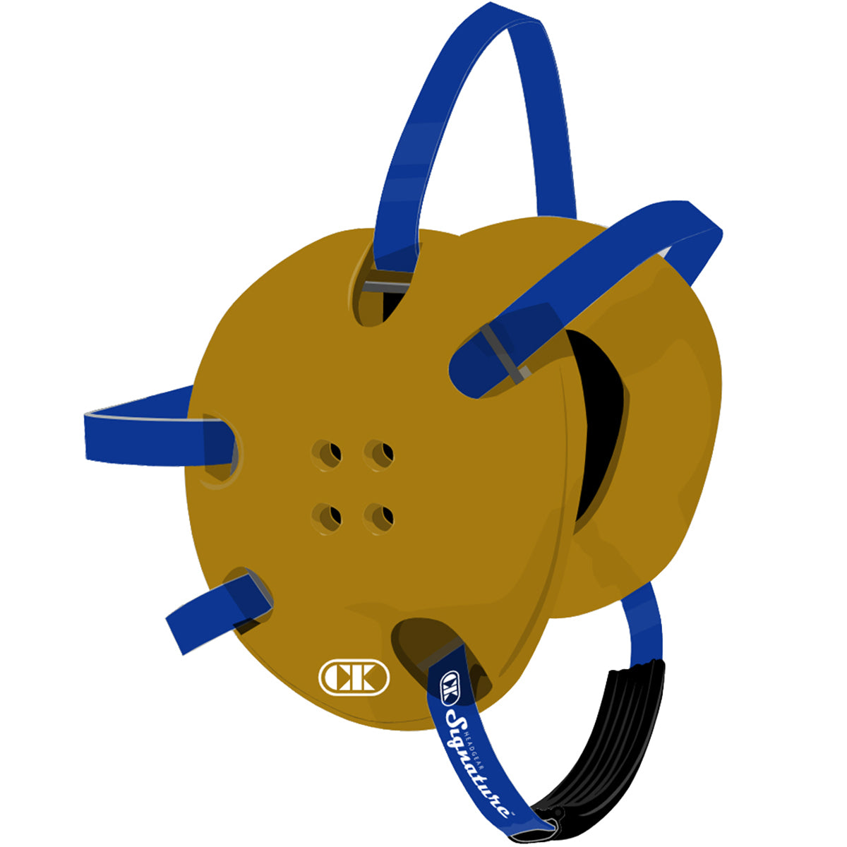 Brown helmet with blue straps on a white background