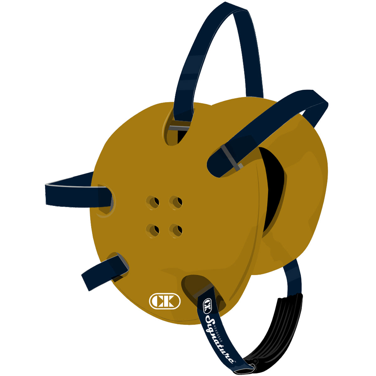 Yellow climbing harness with blue straps on a white background