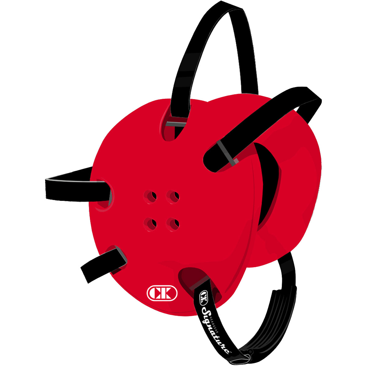 Red reel with black straps and visible branding on a white background