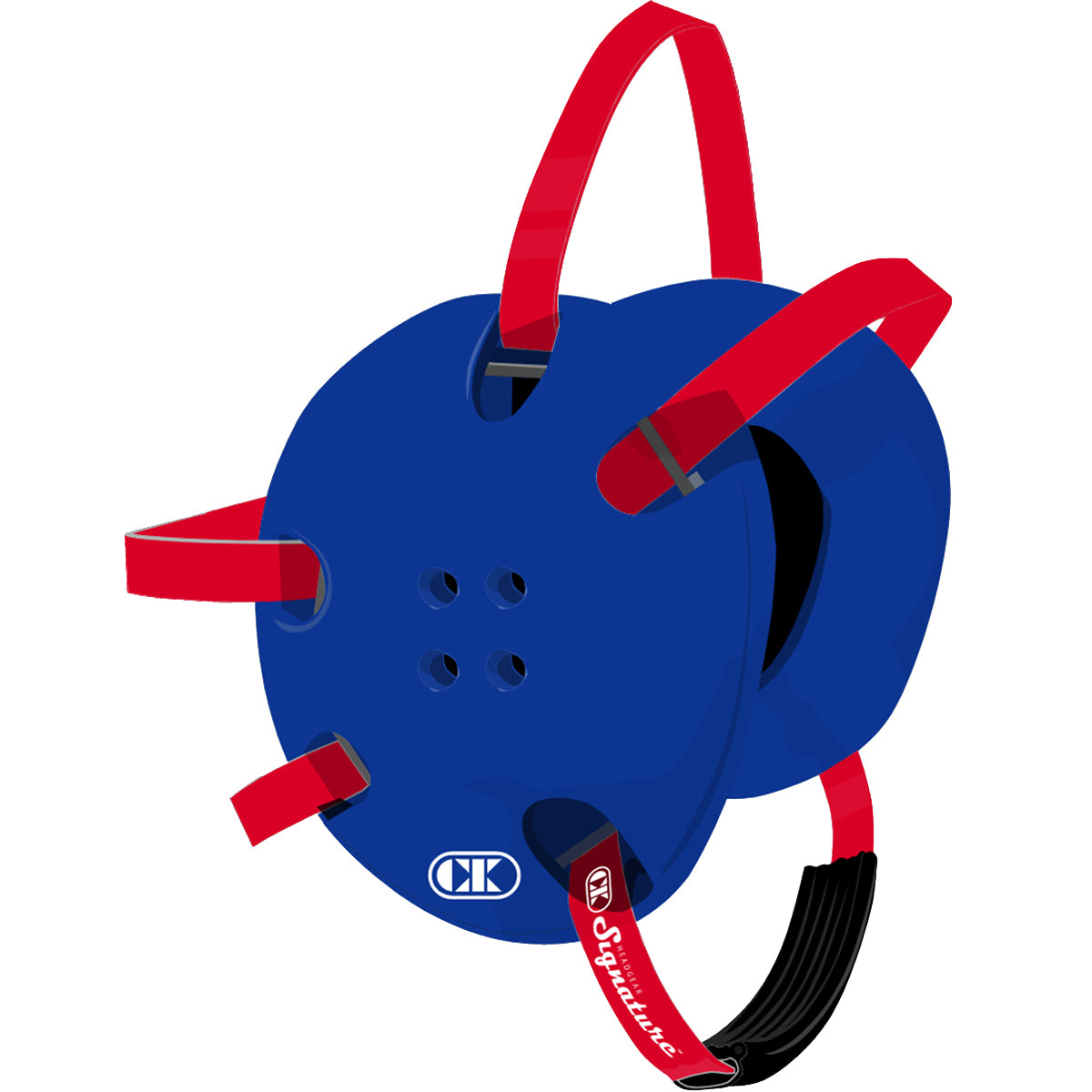 Blue protective gear with red straps on a white background