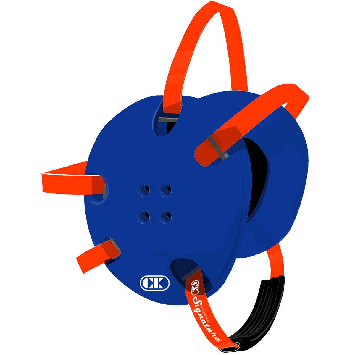 Blue climbing harness with orange straps on a white background