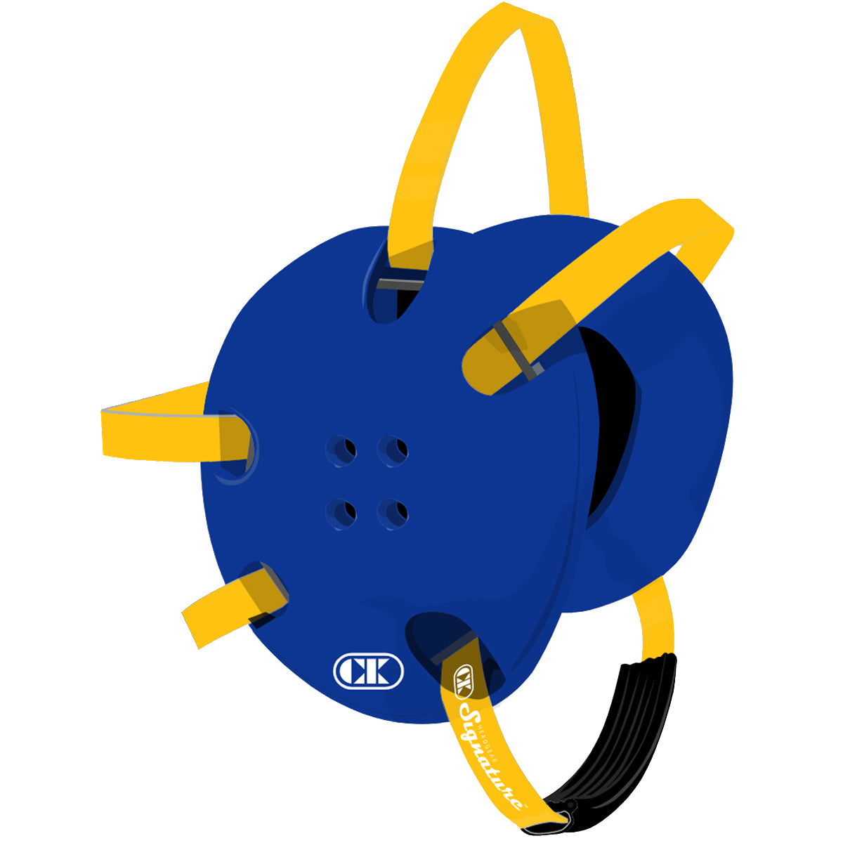 Blue extension cord reel with yellow handle on a white background