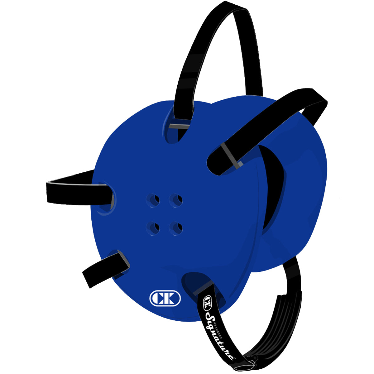 Blue protective gear with black straps on a white background