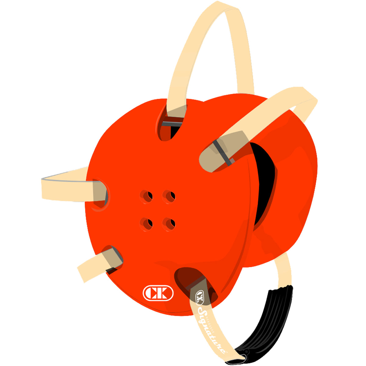 Red tool belt with beige straps on a white background