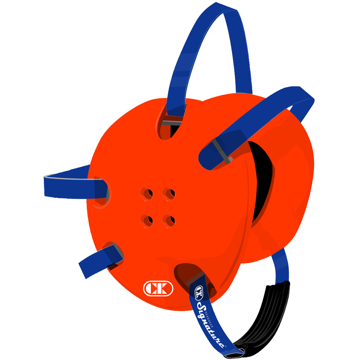 Orange life jacket with blue straps on a white background