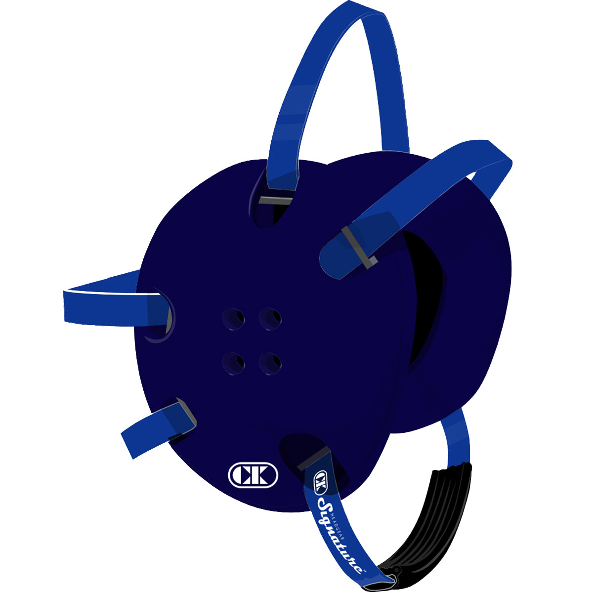 Blue football helmet with chin strap on a white background