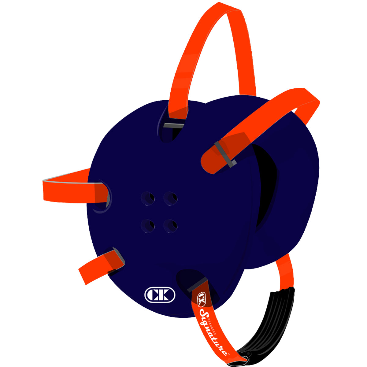 Blue protective gear with orange straps on a white background